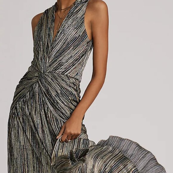 MISA Los Angeles Metallic High-Low Midi Dress | Size XS | NWT | Ruched Detail - Picture 2 of 5